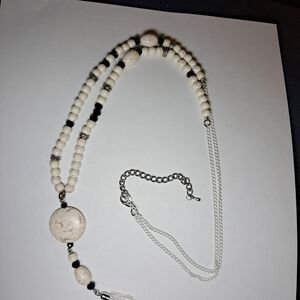 Tassel Pendant Silvertone Necklace w/ Faux White Stone Beads